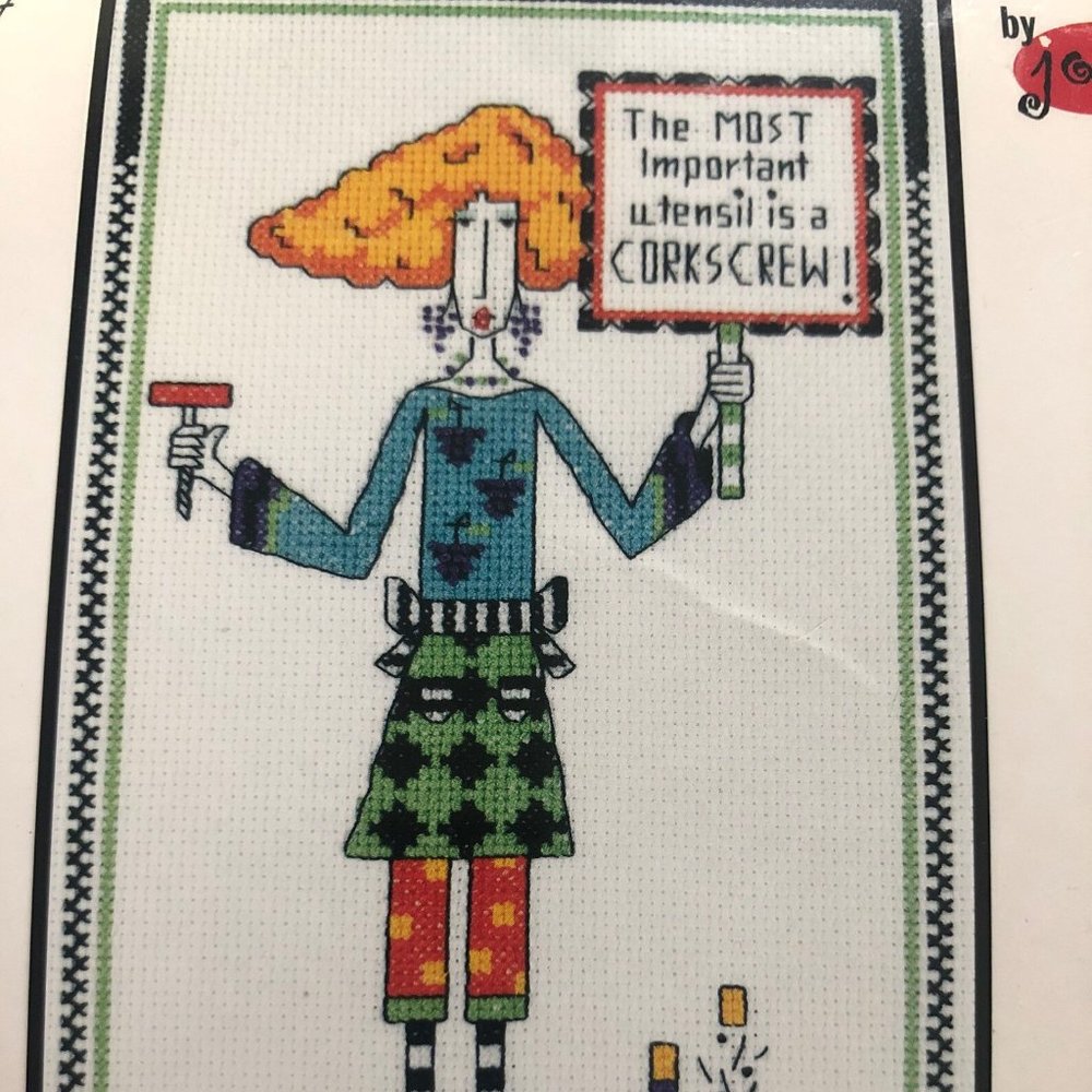Dolly Mamas cross stitch kit: The most important utensil is a corkscrew